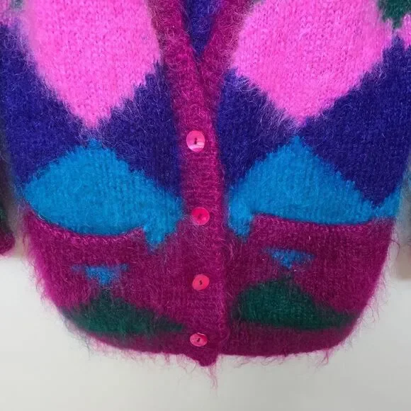 Premier Collection Petites‎ Multicolor Diamond Mohair Cardigan Sweater Sz M - Picture 3 of 8